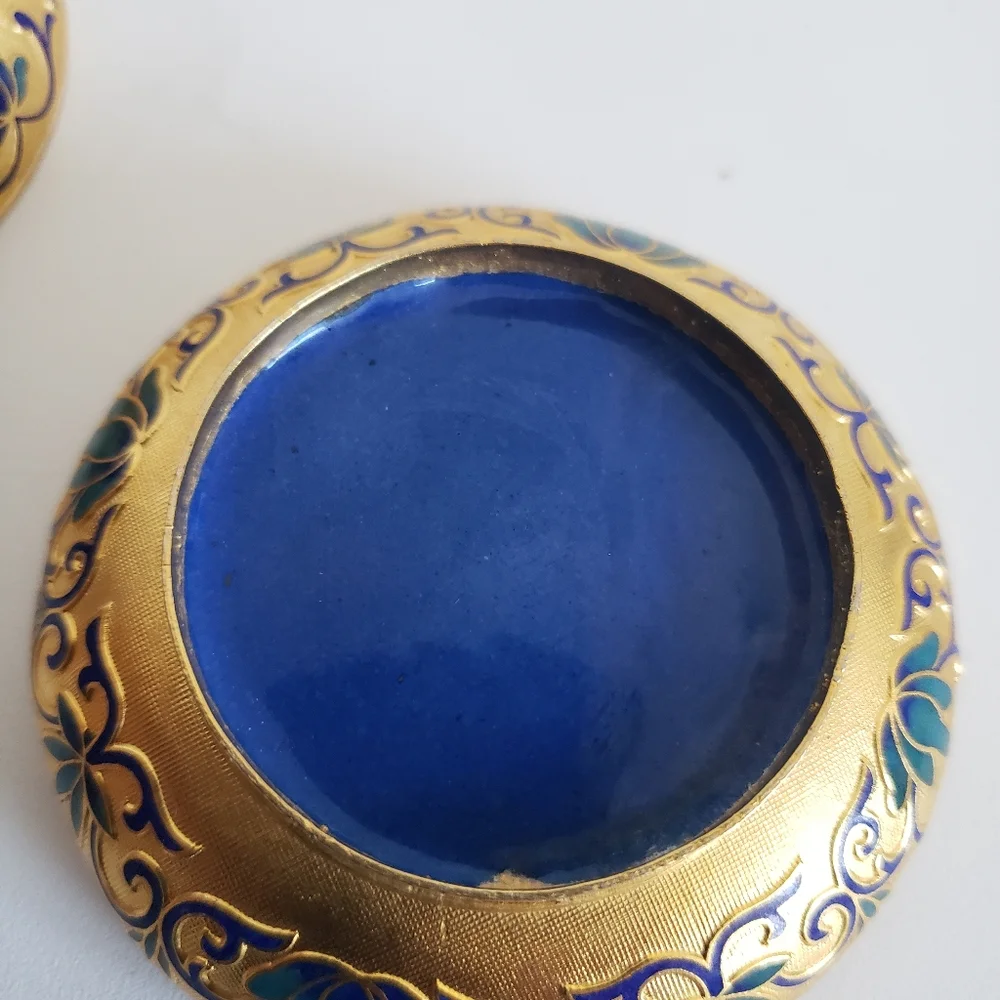 #Vtg Round Cloisonne Enamel Floral Butterfly Trinket Box Blue Robin Egg